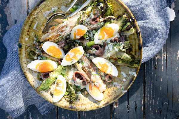 Grilled Little Gem with Eggs and Anchovies