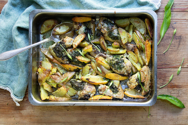 Traybake with Chicken, Potatoes, Lemon and Wild Garlic Butter